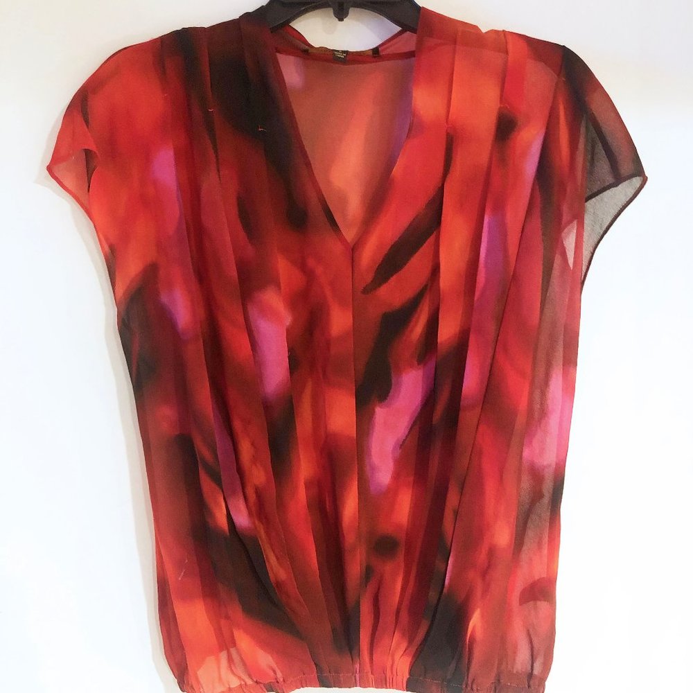 Cynthia Steffe Pleated Sheer Red Printed Blouse